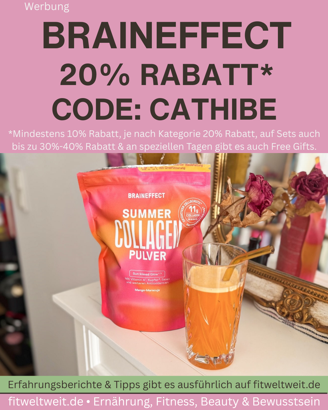 Braineffect SUMMER COLLAGEN Erfahrungsbericht – Wirkung, Hautpflege & Rezepte für deinen Sommerglow (2025), Braineffect Code Instagram Influencer Gutscheincode 2025 2026 - fitweltweit.de Produktfoto vom Summer Collagen Drink von Braineffect mit Mango-Maracuja Design, daneben Text „Braineffect Erfahrungen & Rabattcode“, sommerlicher Hintergrund mit Sonnenschein und Collagen-Drink im Glas. Ideal für Hautpflege, Anti-Aging und Summer Glow von innen.