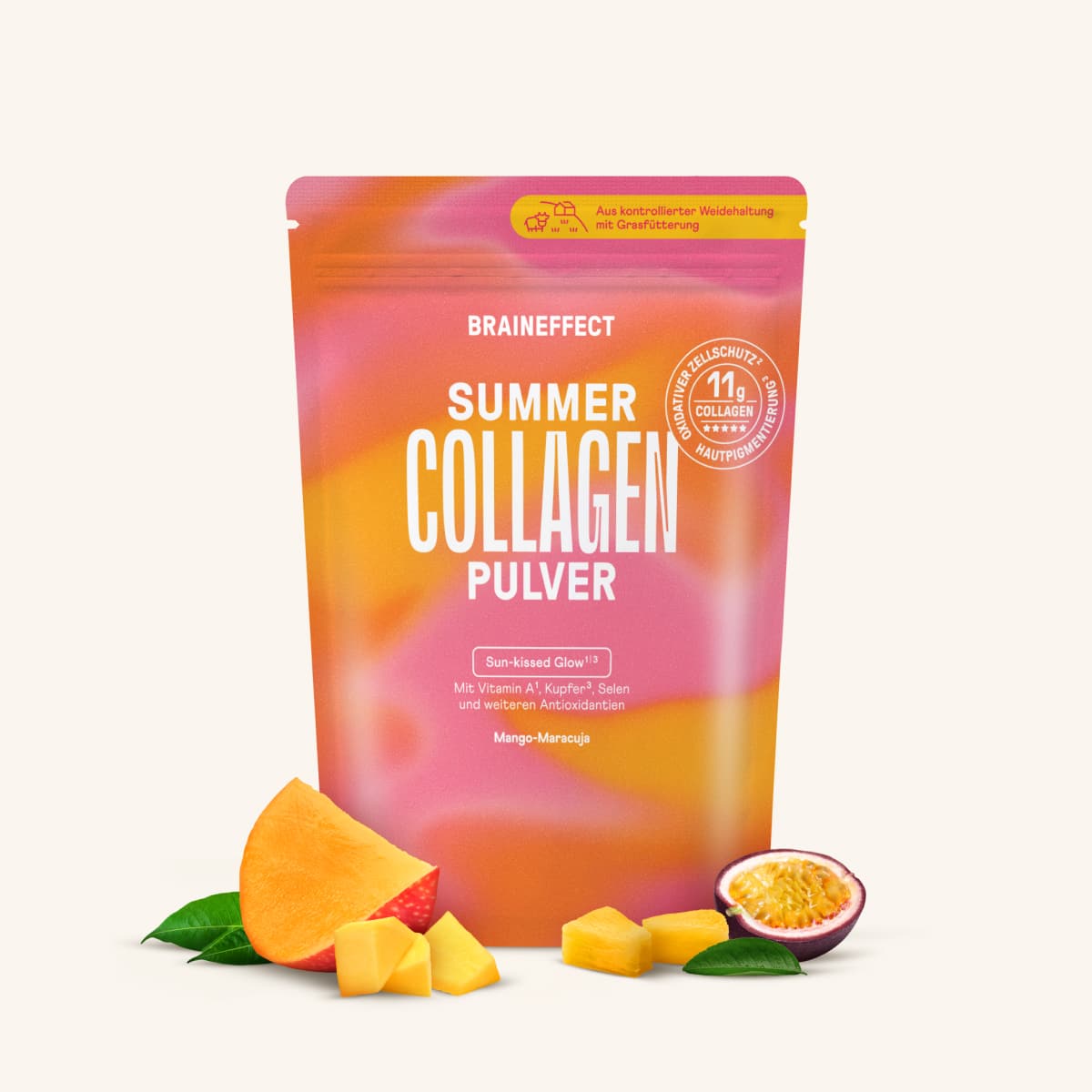 Braineffect SUMMER COLLAGEN Erfahrungsbericht – Wirkung, Hautpflege & Rezepte für deinen Sommerglow (2025), Braineffect Summer Collagen Pulver Mango Maracuja Test Review - fitweltweit.de Braineffect Summer Collagen Pulver Mango Maracuja Test Review